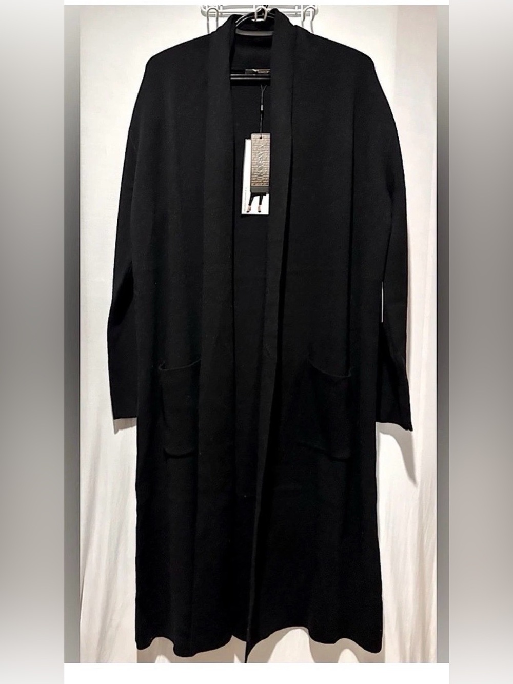 Max Sport Long Open-Front Black Cardigan with Pockets - Size XL